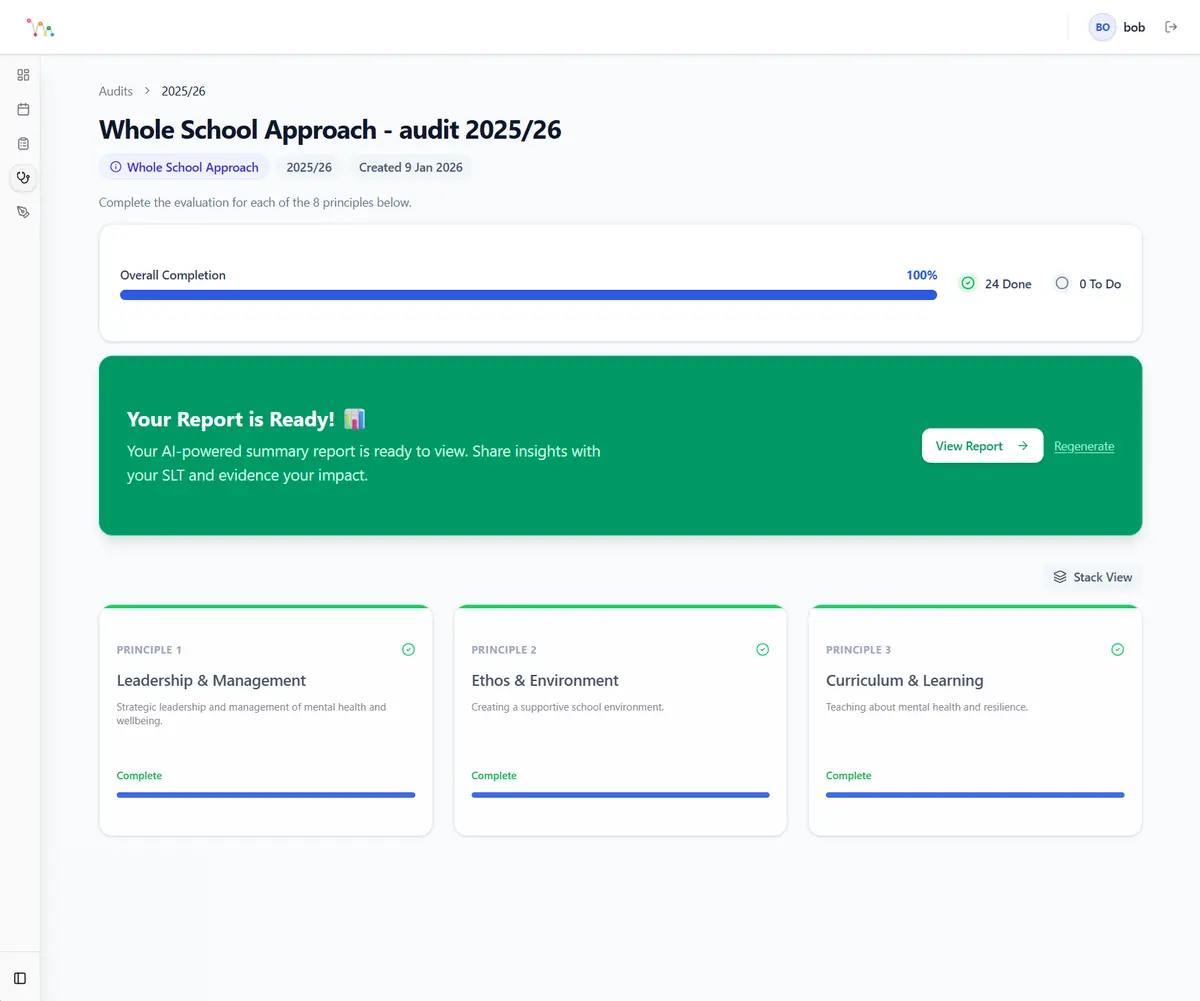 Wellbeing Audit Dashboard showing progress across DfE principles